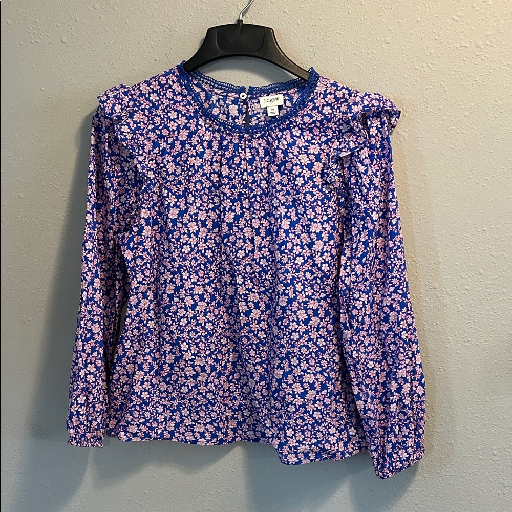 J. Crew Purple and Pink Floral Ruffle-Shoulder Blouse